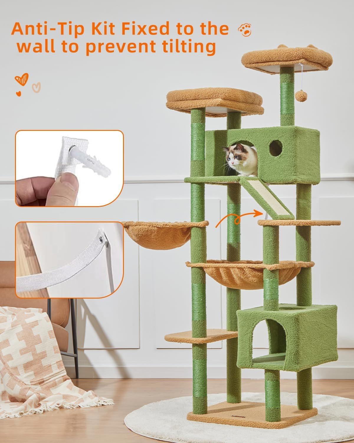 71-Inch Large Cat Tree For Large Cats Plush Multi-Level Cat Condo With 8 Scratching Posts 2 Perches Cave Hammock 2 Pompoms Scratch Board