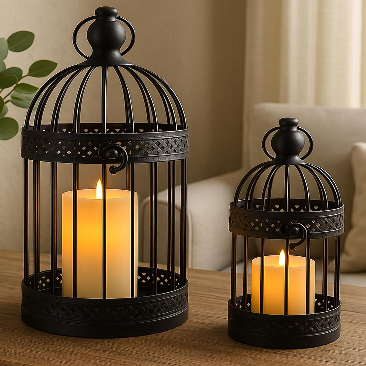 VELA LANTERNS Bird Cage Decor Candle Holder Lantern Decorative Table Centerpiece Halloween Decorations, 10" and 6" Tall, Black, Set of 2
