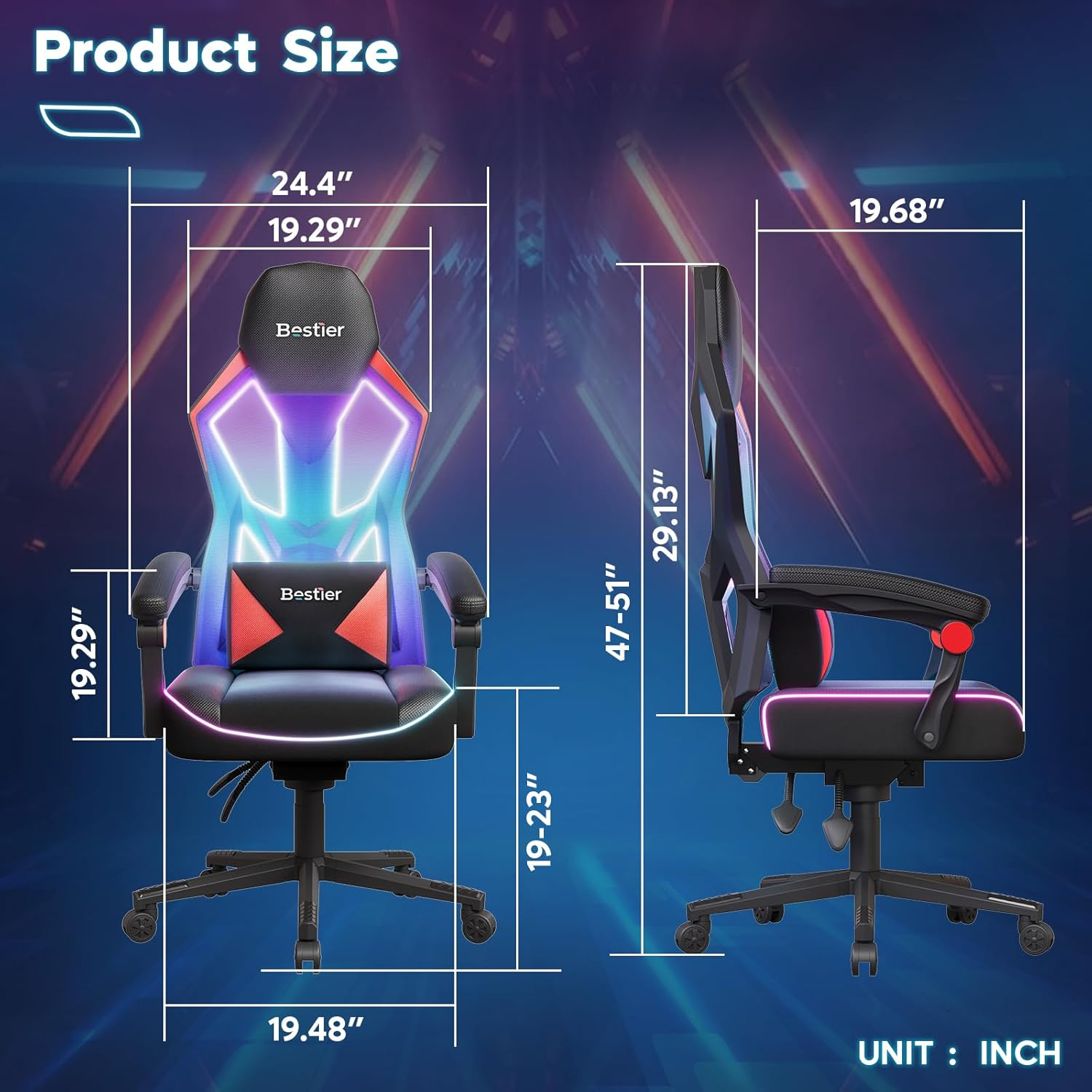 Bestier Black Red LED Gaming Chair with Breathable Fabric