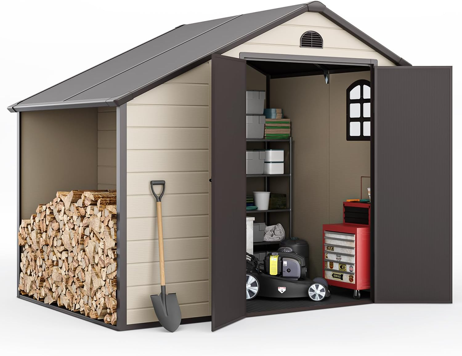 Outdoor Storage Shed 8.5x6.3 ft, Resin Storage Shed & Firewood Rack, Patio Storage Sheds Outdoor with Floor, Lockable Door, Airflow Vent, Multi-Purpose Storage Shed Room for Backyard, Garden, Lawn
