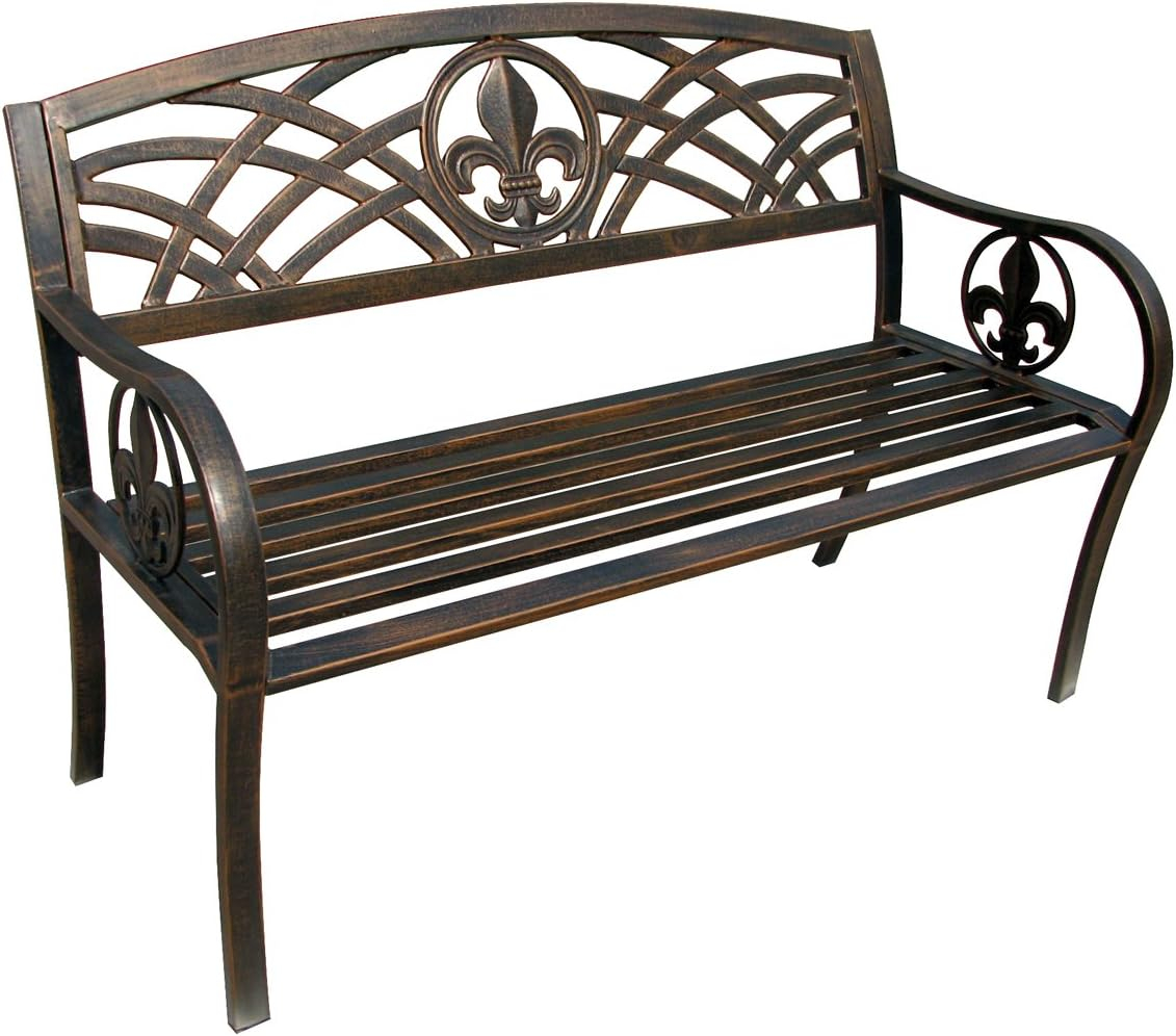 Leigh Country Outdoor Metal Patio Bench with Fleur-De-Lis - Bronze