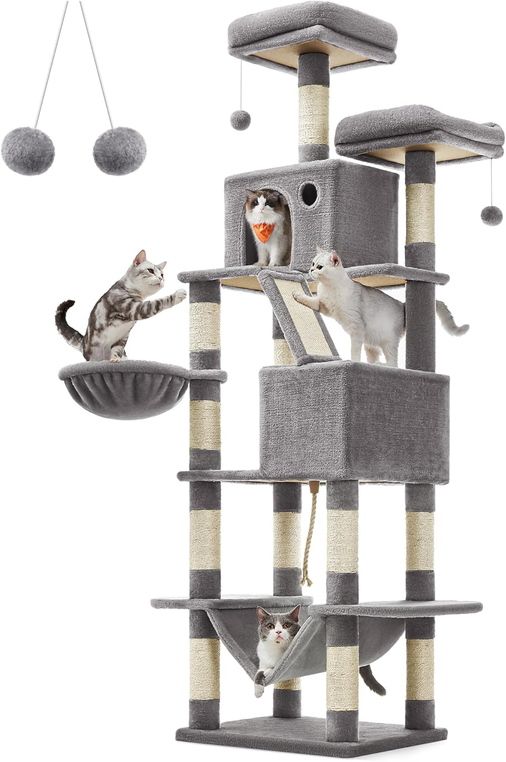 81.1"H Cat Tree Cat Tower for Indoor Cats, Plush Multi-Level Cat Condo with Scratching Posts, Perches, Caves, Hammock, Light Gray