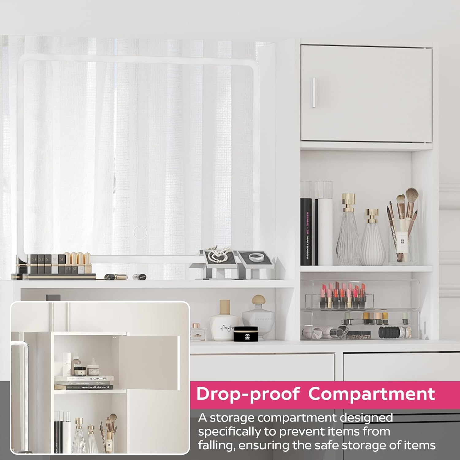 46.7" Vanity Desk with Mirror & LED Lights, Dressing Table with 2 Large Drawers & Vertical Organizer, 3-Tier Storage, 3 Adjustable Lighting Modes, Makeup Desk for Bedroom