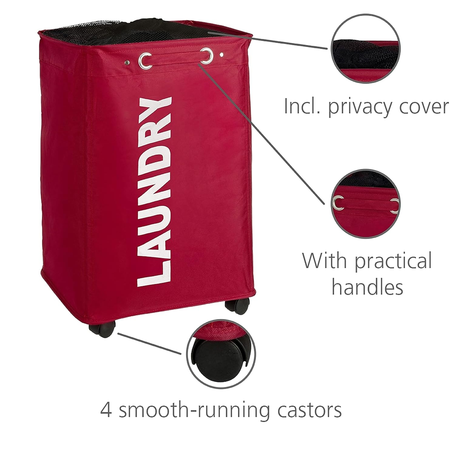 Laundry Basket with Wheels, Sorter, With Lid, Storage, Laundry Hamper, Laundry Bin, Slim red
