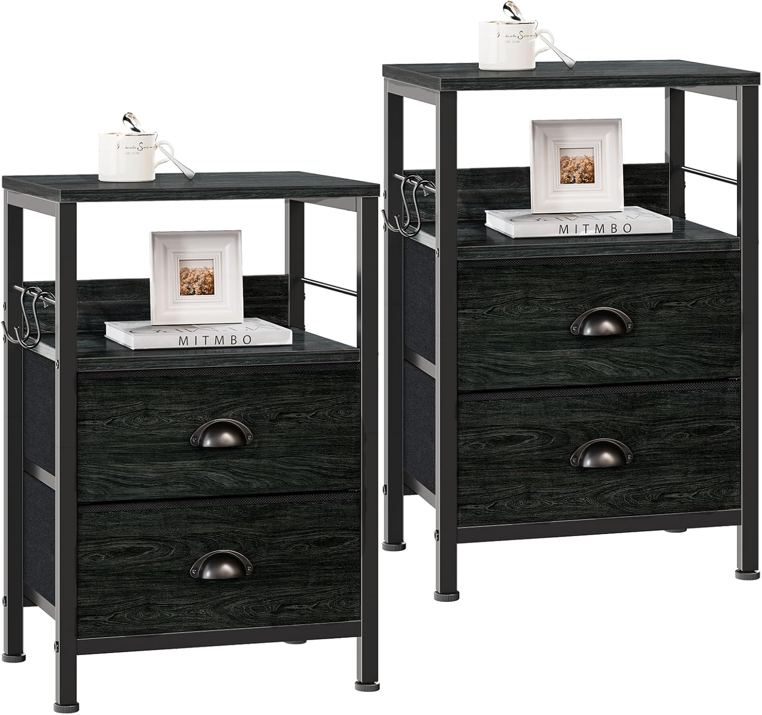 Furologee Nightstands Set 2, End Tables with 2 Fabric Drawers, Bedside Tables with Hooks and Shelf, Side Tables for Bedroom/Living Room/Study/Black Oak