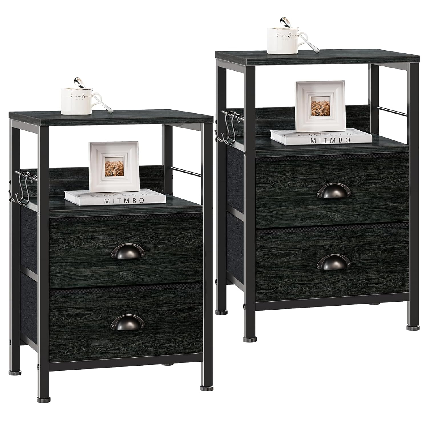 Furologee Nightstands Set 2, End Tables with 2 Fabric Drawers, Bedside Tables with Hooks and Shelf, Side Tables for Bedroom/Living Room/Study/Black Oak