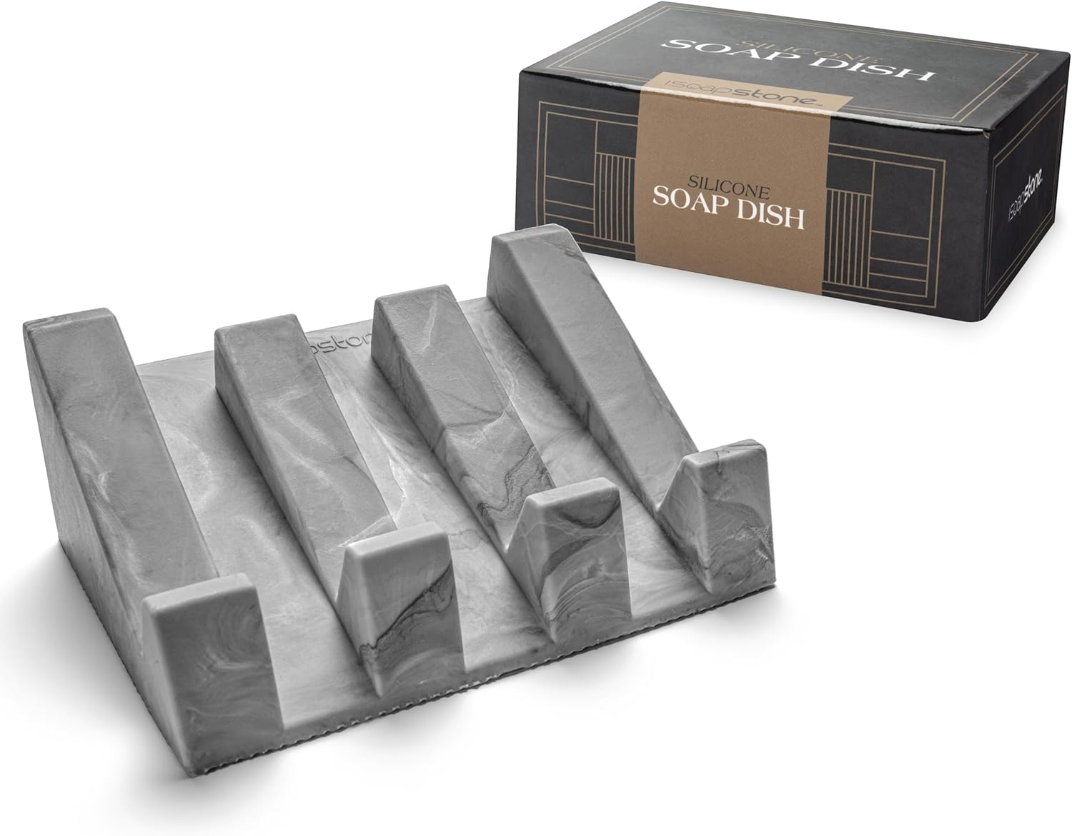 iSoapStone Premium Self-Draining Silicone Soap Dish: Waterfall Bar Holder Tray with Drain Saver, Anti-Slip Kitchen & Bathroom Accessory for Sponges and Bar Soaps - Patent-Pending Design (Light Grey)
