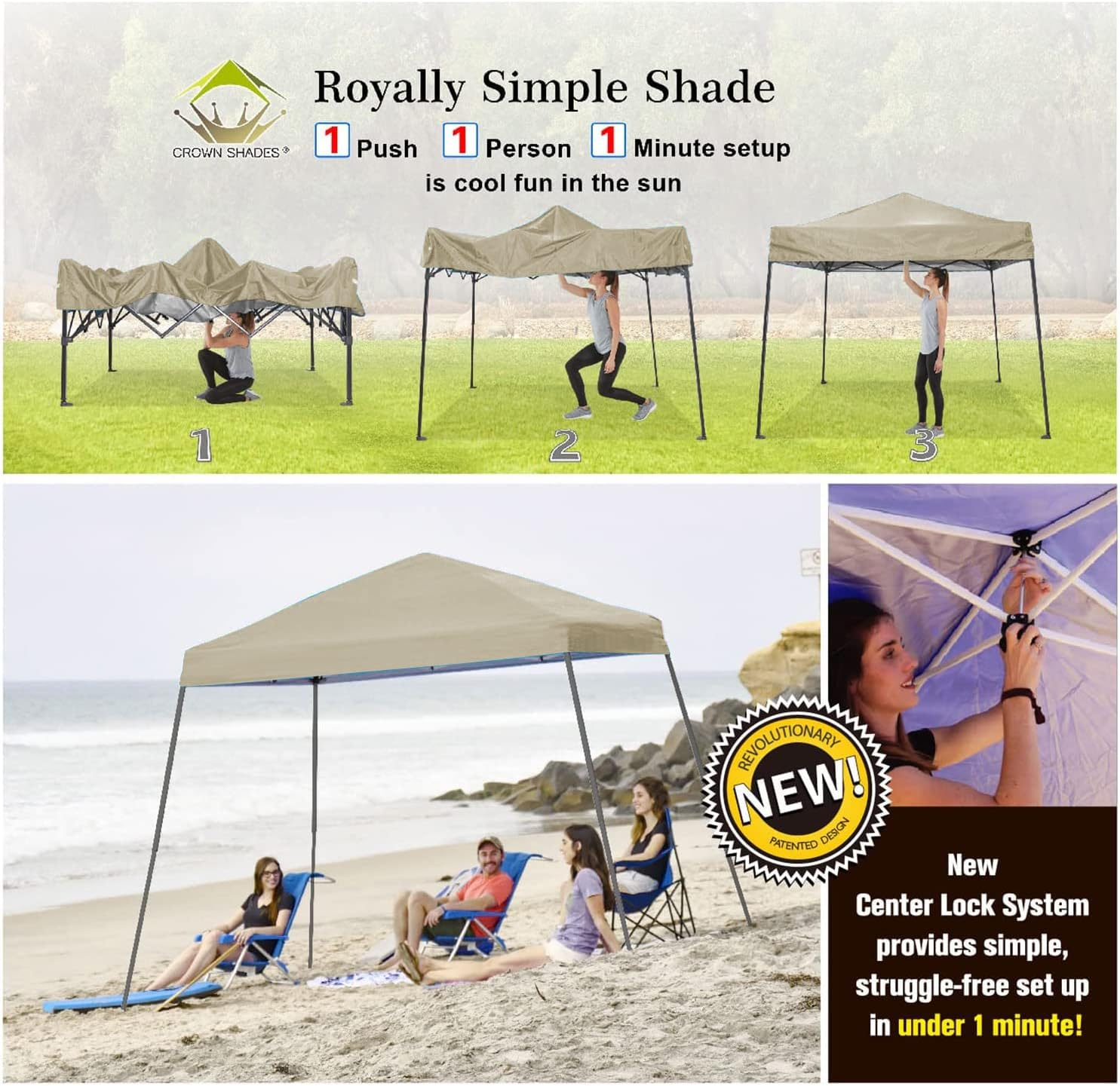 CROWN SHADES 6.5x6.5 Pop up Canopy Tent, Slant Leg Pop Up Beach Tent, 3 Height, Base 8x8 ft, Top 6.5x6.5 ft, Outdoor Canopy with Carry Bag, Beige