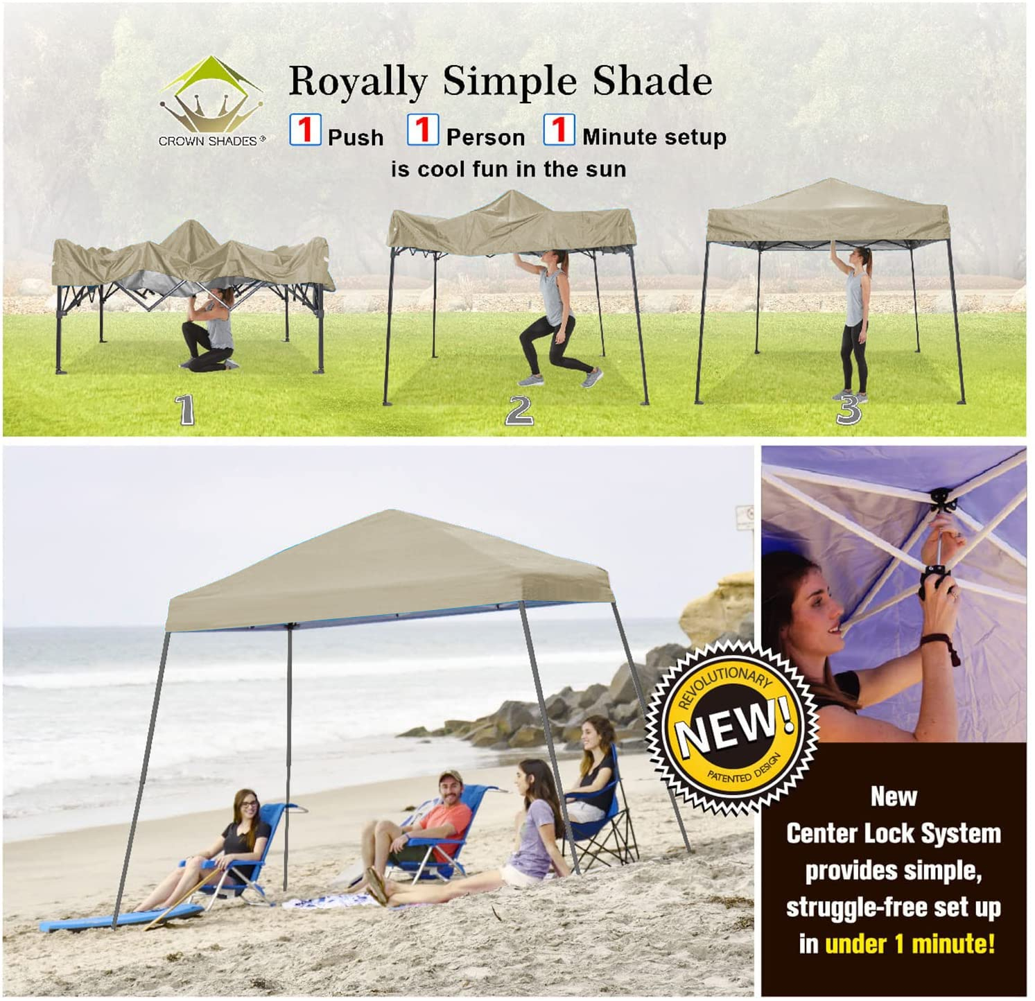 CROWN SHADES 6.5x6.5 Pop Up Canopy Tent, Slant Leg Outdoor Canopy with Carry Bag, Beach Tent, Sports Shelter(Beige)