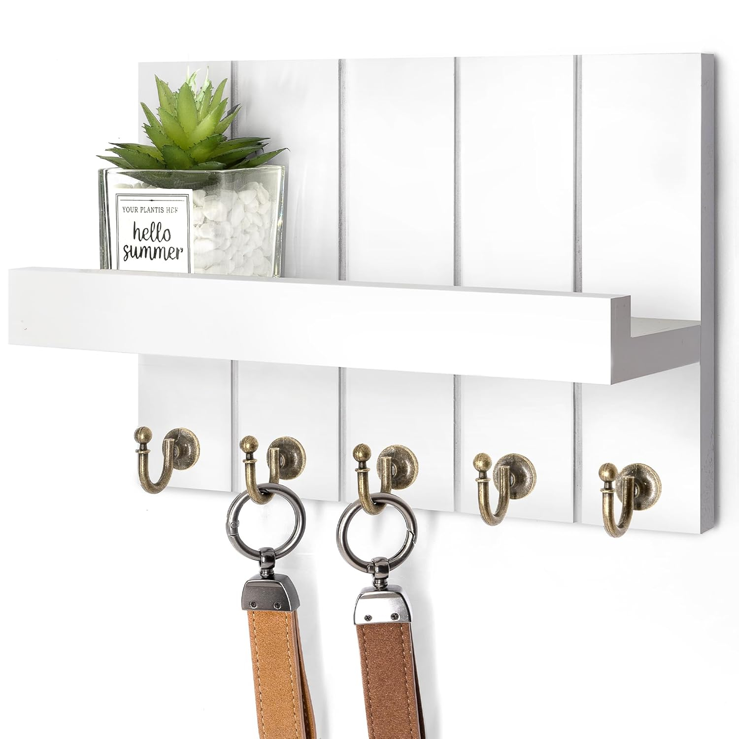 Rebee Vision Key Holder Wall Mount - Decorative Key and Mail Organizer for Wall with Shelf - Entryway and Living Room Decor(White)