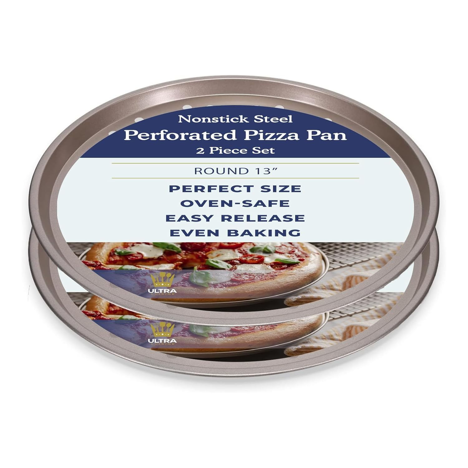 Ultra Cuisine Large Round Carbon Steel Perforated Pizza Pan with Holes, Nonstick, 13in, Champagne