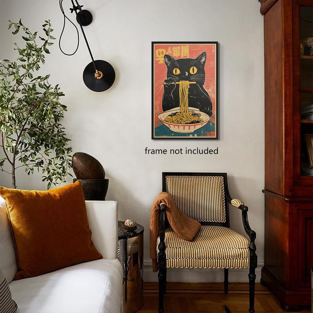 Vintage Japanese Cat Canvas Wall Art, Quirky Black Cat Eating Ramen Poster, Retro Funny Animal Food Art Print, Unique Kitchen Dining Room Wall Decor, Noodle Lover Gift 8x12in Unframed