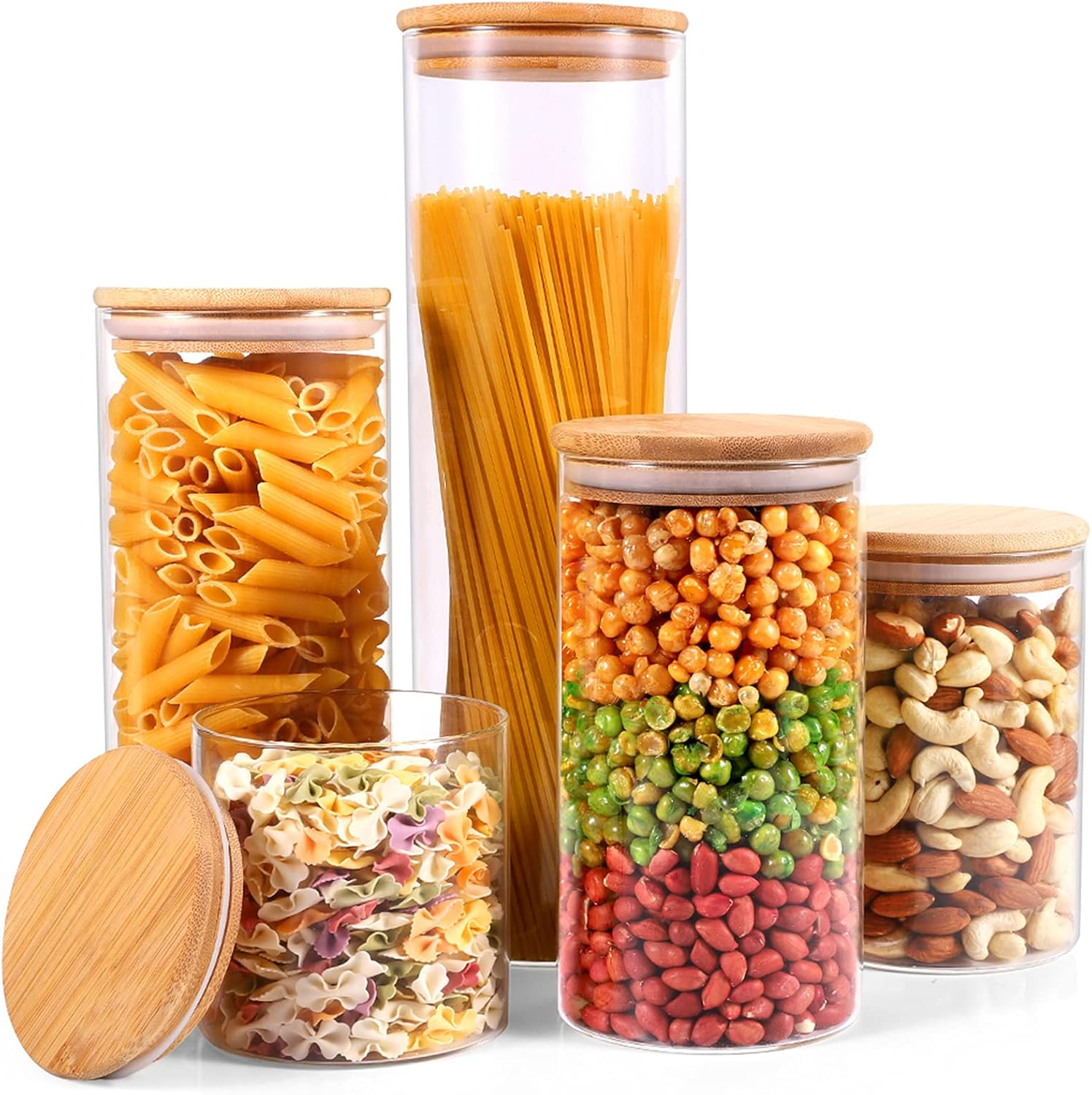 Glass Storage Jars with Bamboo Airtight Lids, Set of 5 Glass Canisters Sets for Kitchen Pantry