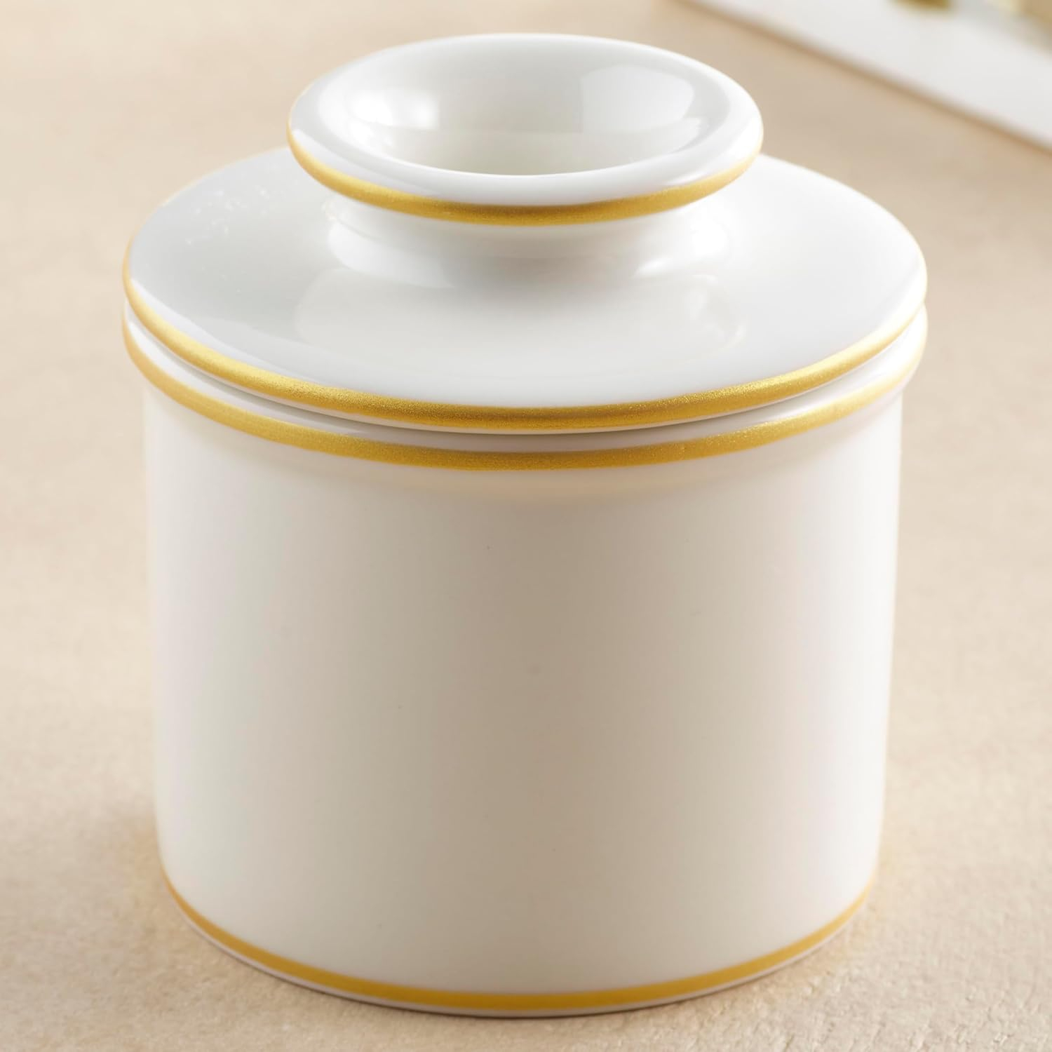 The Original Butter Bell® Crock By L. Tremain - French Butter Crock For Spreadable Soft Butter, Ceramic Butter Keeper for Counter, White with Gold Trim Butter Holder, 1 Piece, 3.94 x 3.94 x 4.14