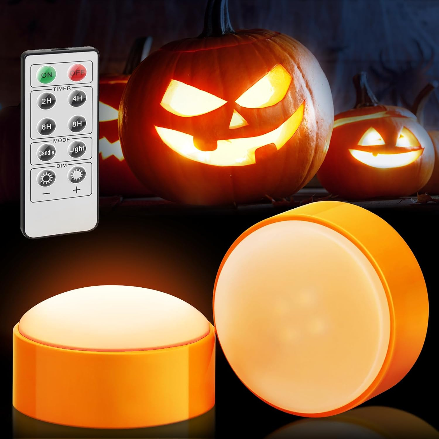 Deago 2 Pack Halloween LED Pumpkin Lights with Remote and Timers Battery Operated Orange Jack-O-Lantern Lights Flameless Candles for Halloween Decorations