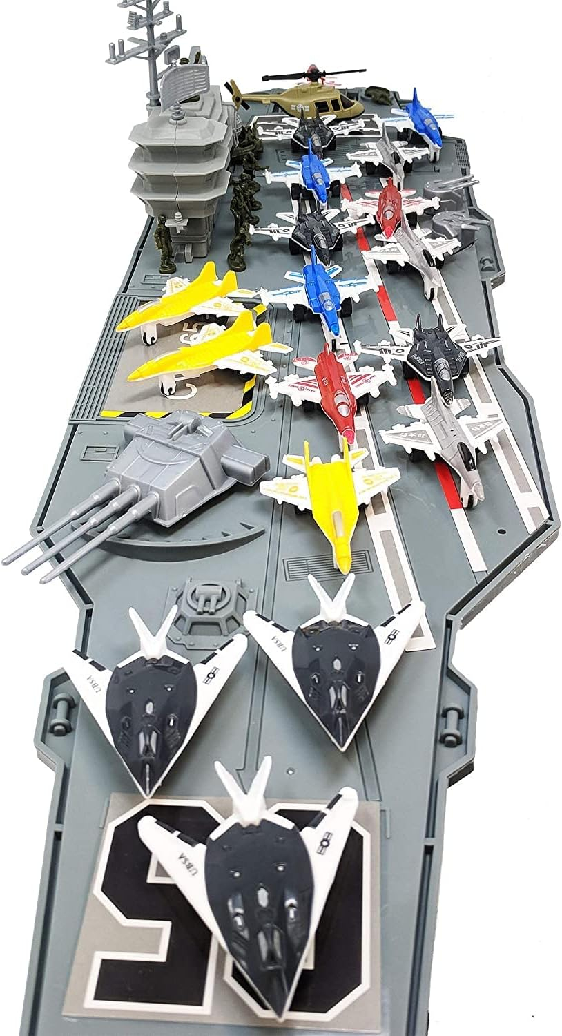 33-Inch Black Aircraft Carrier Toy with Assorted Military Vehicles