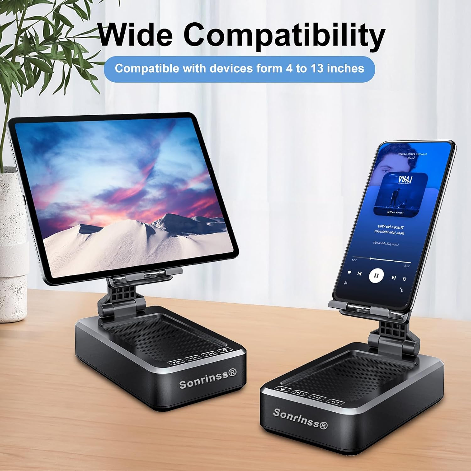 Cell Phone Stand with Wireless Bluetooth Speaker Compatible for Any Smartphones,Anti-Slip Design Phone Holder with HD Surround Sound Bluetooth Speaker for Home,Office,Outdoor