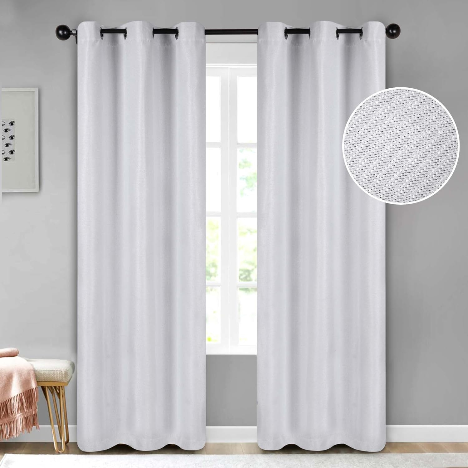 Superior Blackout Curtains, Insulated, Sun Blocking Curtain for Bedroom, Solid, Textured, Living Room Window, Thermal Woven, Jaxon Collection, Set of 2 Panels, 6 Grommets, 42" x 84", Platinum