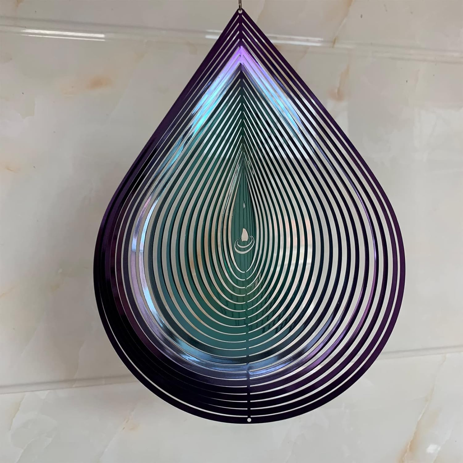 Wind Spinner Garden Indoor Outdoor Decor 3D Stainless Steel Metal Hanging Decorations, 3D Water Droplets Pattern Metal Wind Sculptures & Spinners Whirligig Gifts with 12inch(Green&Purple)