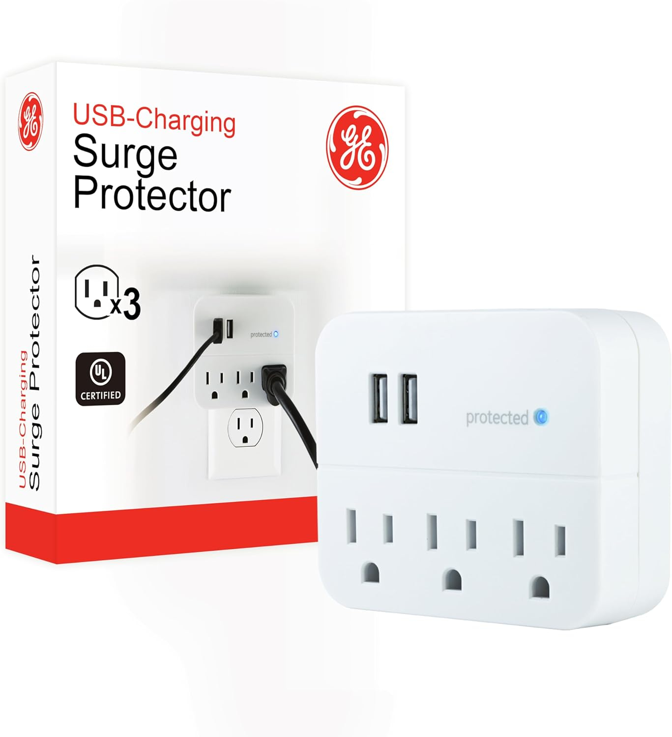 GE 3-Outlet Surge Protector Tap with USB Charging, White - 14512