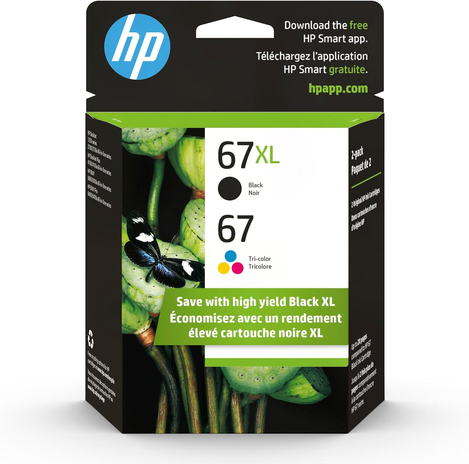 HP 67 Tri-Color Ink Cartridges High/Standard Yield 2 Per Pack, 67XL Black, Cyan, Magenta, Yellow