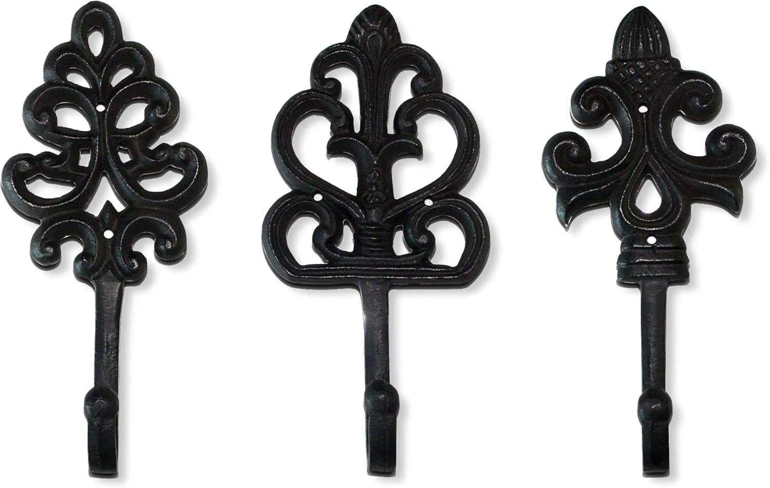 Wallcharmers Set of 3 Rustic Decorative Wall Hooks 8” | Victorian Shabby Chic Fleur De Lis Antique Towel Hooks for Hanging | Gothic Cast Iron Farmhouse Indoor Outdoor Key, Dog Leash, & Towel Hanger