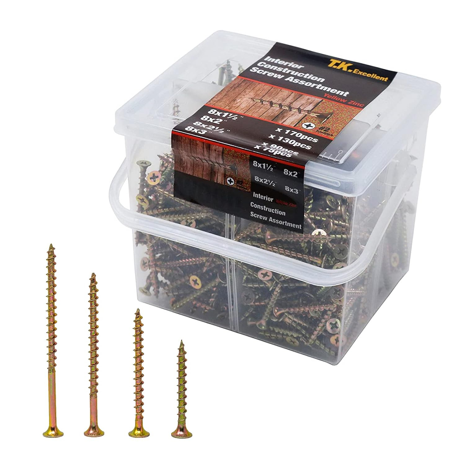 T.K.Excellent Wood Interior Construction Screw Coarse Thread Phillips Drive Bugle Head Yellow Zinc Drywall Screw Assortment Kit,465 Pieces
