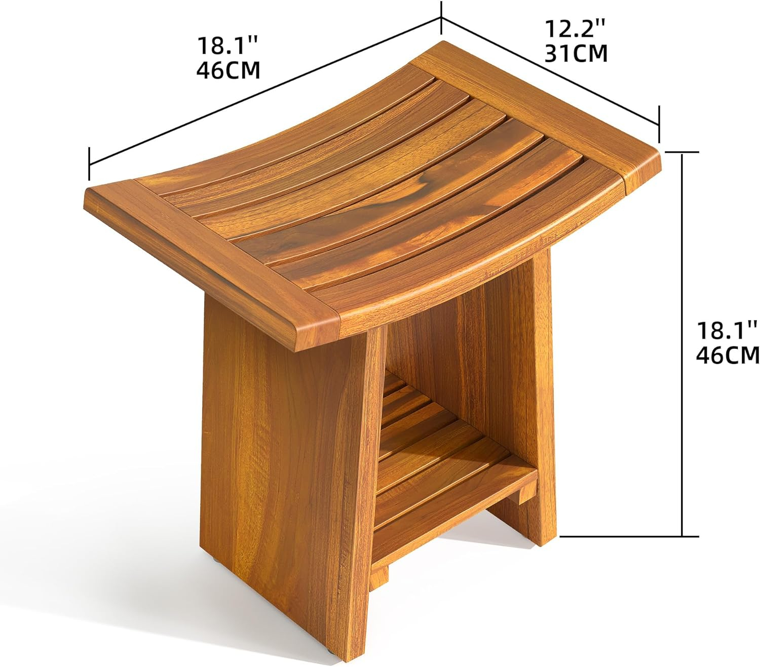 DWVO Teak Shower Bench with Storage Shelf for Shaving Legs Foot Rest, 18'' Solid Wood Shower Stool Bath Wooden Seating Bench for Shower with Non-Slip Feet, Easy Assembly for Indoor and Outdoor Use