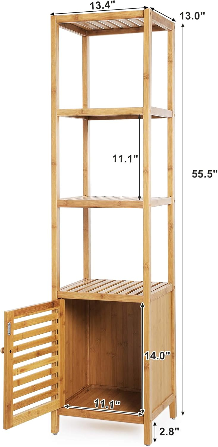 Bamboo Bathroom Storage Floor Cabinet, 4 Tiers Multifunctional Floor Shelving Unit, Free Standing Tower Corner Rack, Natural UBCB50Y