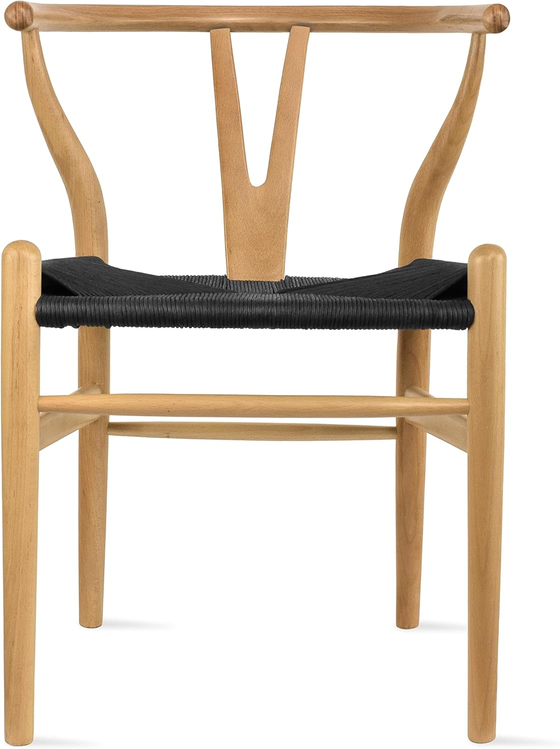 2xhome Set of 2 Wishbone Solid Wood Armchairs with Arms Open Y Back Farmhouse Dining Office Chairs with Woven Black Seat, Natural