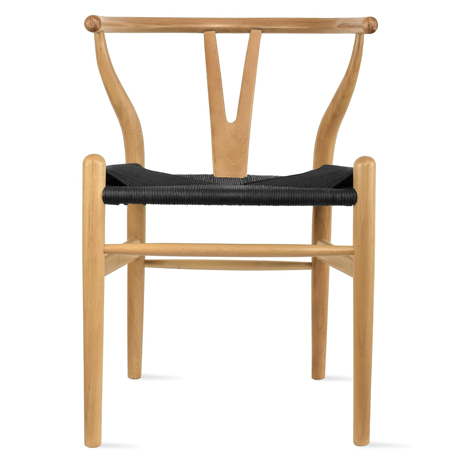 2xhome Set of 2 Wishbone Solid Wood Armchairs with Arms Open Y Back Farmhouse Dining Office Chairs with Woven Black Seat, Natural