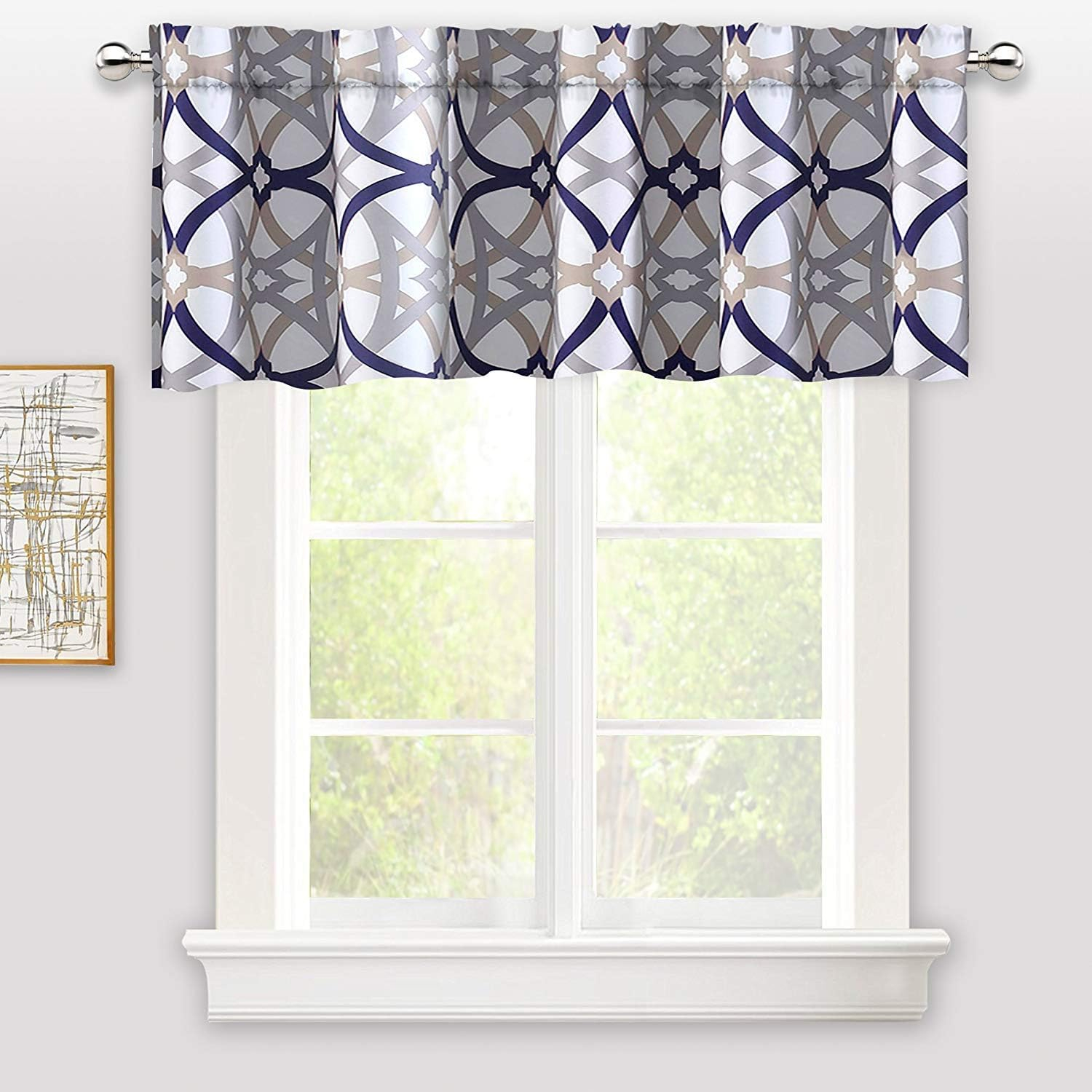 DriftAway Alexander Spiral Geo Trellis Pattern Window Curtain Valance Rod Pocket 52 Inch by 18 Inch Plus 2 Inch Header Navy and Gray 1 Pack