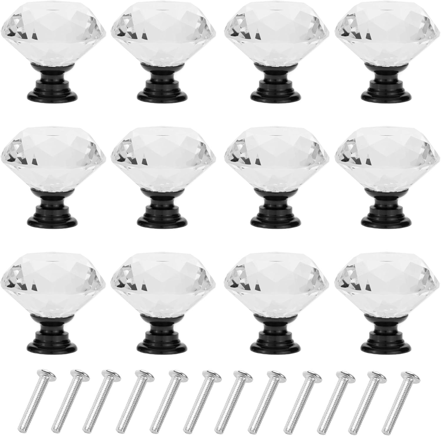 YourGift 12 Pack Drawer Knobs Diamond Shaped Crystal Glass 30mm Cabinet Knobs Pull Handles (Black)