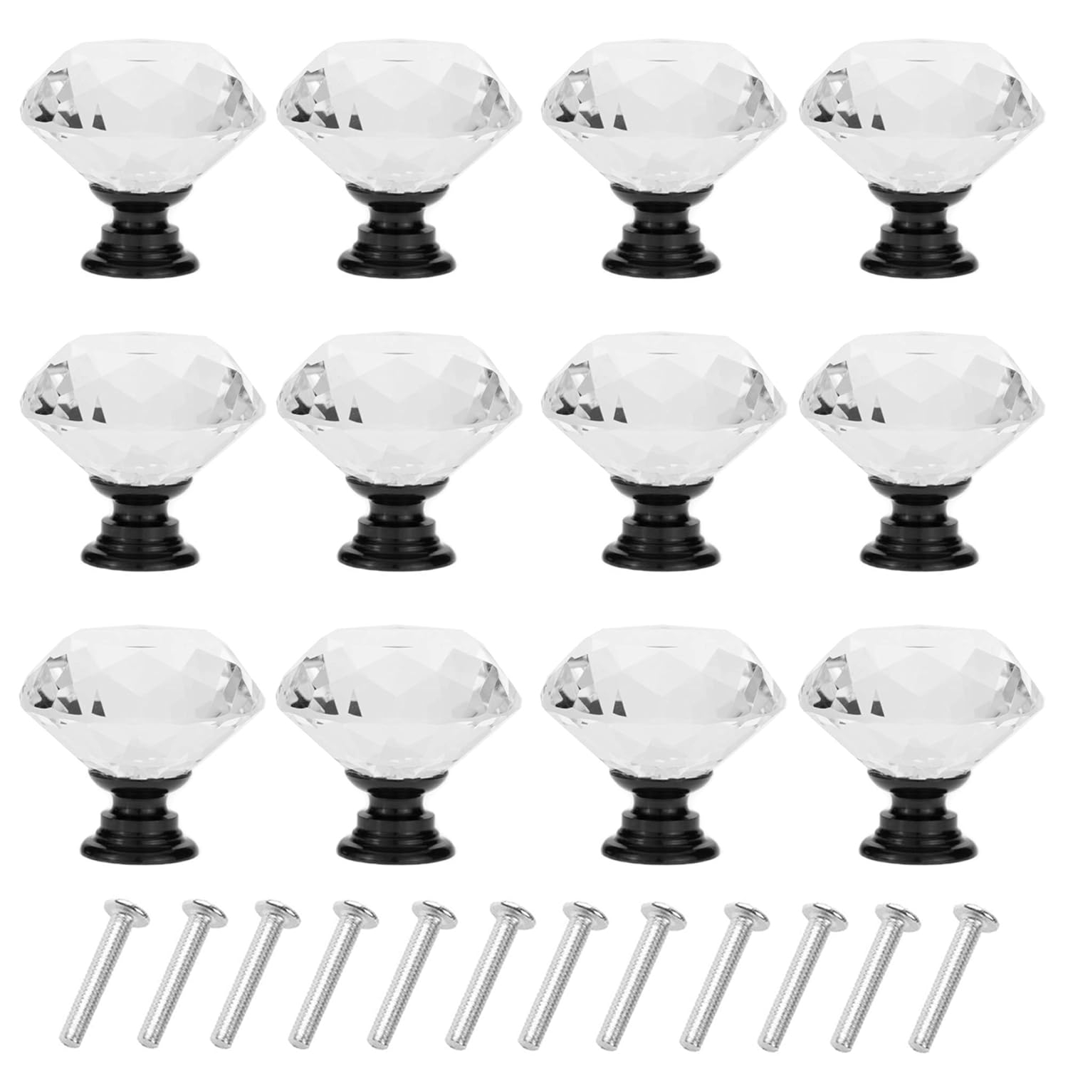 YourGift 12 Pack Drawer Knobs Diamond Shaped Crystal Glass 30mm Cabinet Knobs Pull Handles (Black)