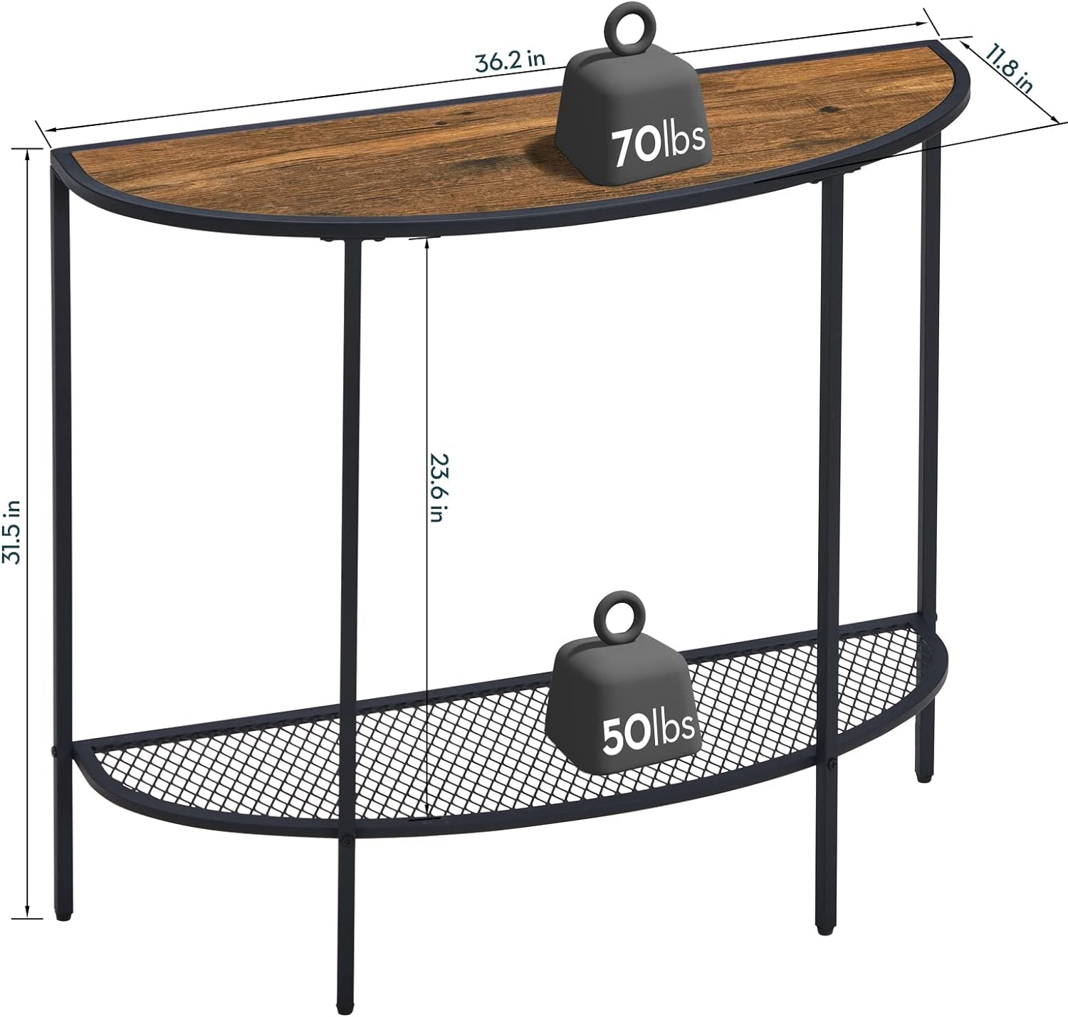 Console Table 2 Tier Narrow Entryway Table with Storage Half Moon Sofa Couch Table Mid Century Modern Small Entry Way Tables , Easy Assembly, Dark Walnut Top