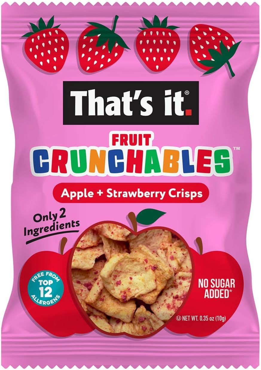 That’s it. Fruit Crunchables Apple + Strawberry Crisps, 15-Pack – 100% Real Fruit Snacks for Kids, Plant-Based, Non-GMO, Gluten-Free, No Sugar Added, Allergen-Free, Healthy Lunchbox Snack