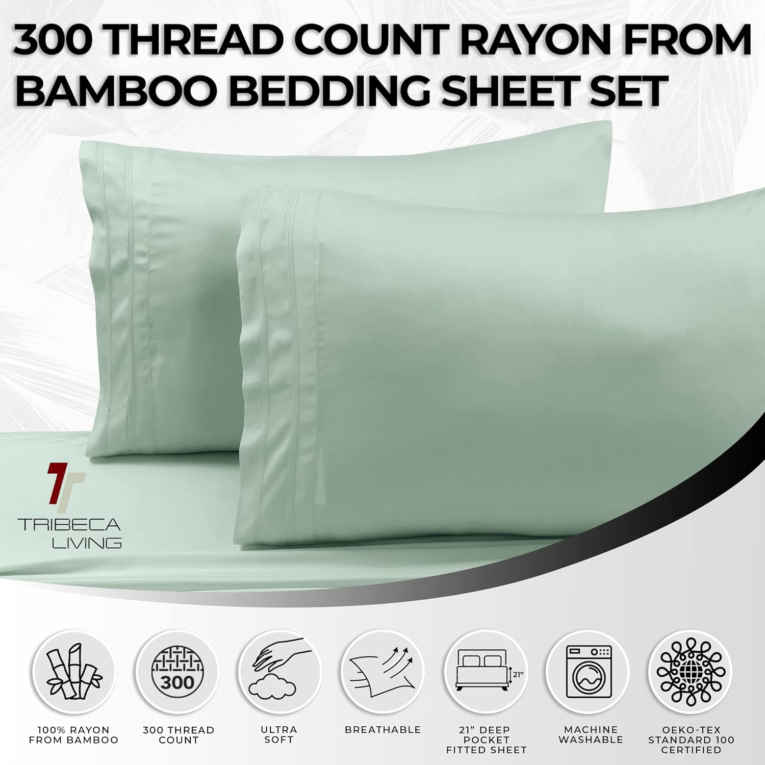 Tribeca Living BAMB300SSCKSA 300 TC Rayon from Bamboo Deep Pocket Sheet, 4 Piece Set, Sage Green