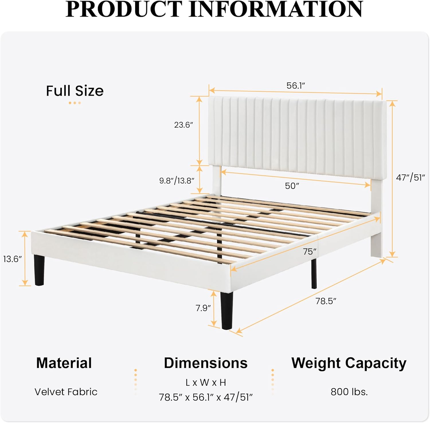 SHA CERLIN Full Upholstered Platform Bed Frame with Vertical Channel Tufted Velvet Fabric Adjustable Headboard, Wooden Slats Support, Mattress Foundation, Box Spring Optional, White