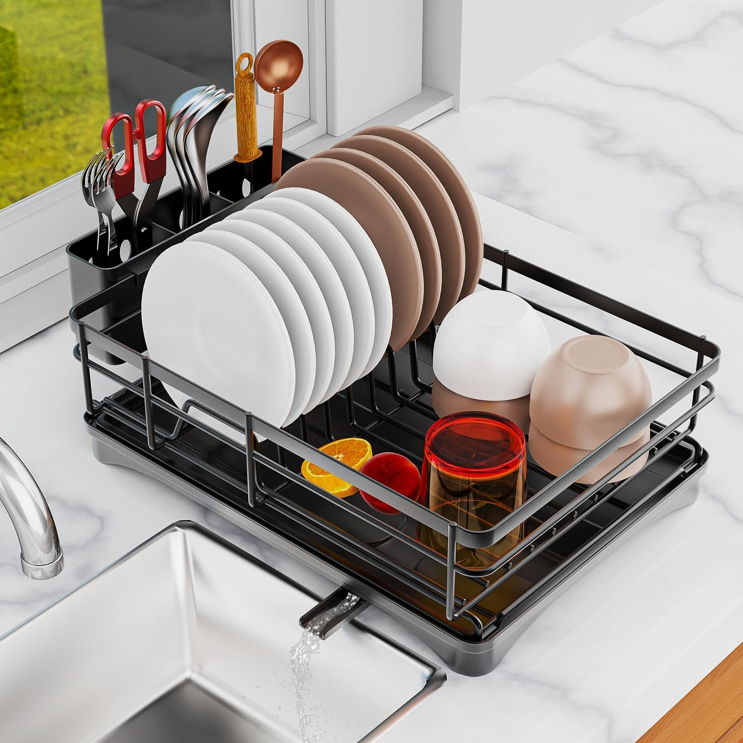 Large Dish Drying Rack for Kitchen Counter with Auto Draining Drain Broad and Removable Cutlery Holder