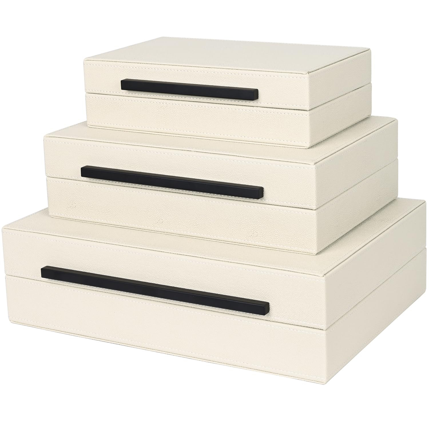 Faux  Leather Decorative Jewelry Storage Nesting Organizer Boxes with Lids Gold Handle Set of 3, Black