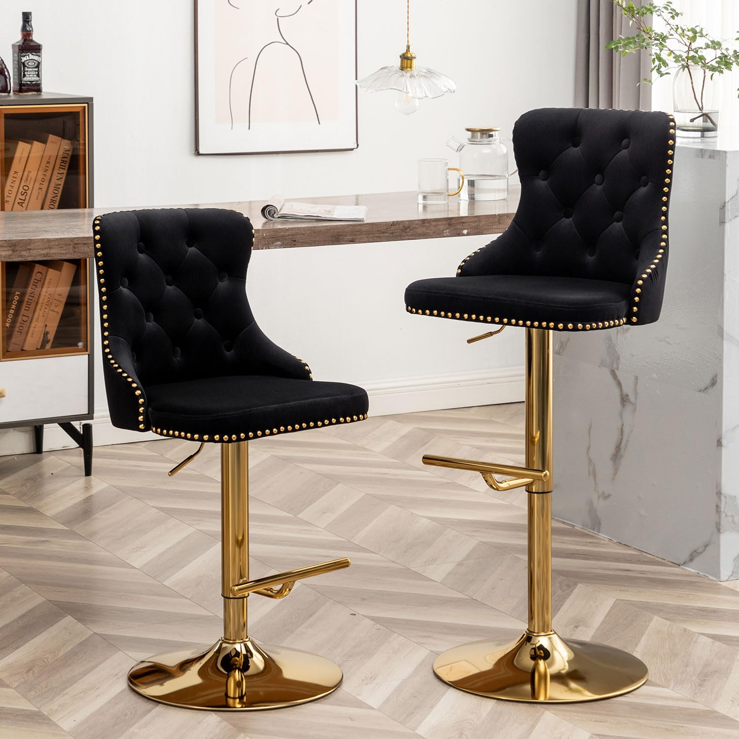 Gold Velvet Bar Stools Set of 2, Swivel Counter Height Bar Stools with Nailheads Trim and Button, Adjustable Barstools for Kitchen Island, Pub, Club (Black)