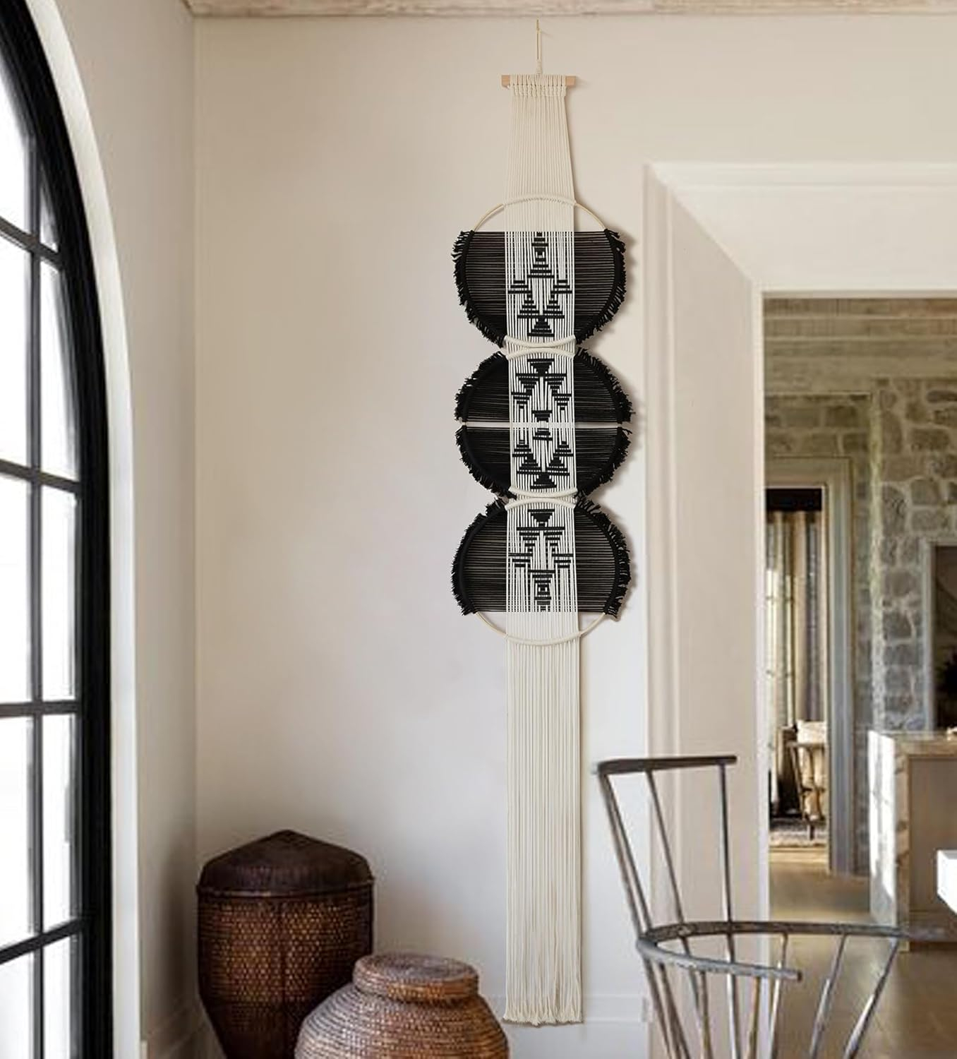 Flber Macrame Wall Hanging black and white Boho Wall Decor Art Living room wall art Round Handmade Geometric Lines Home Décor