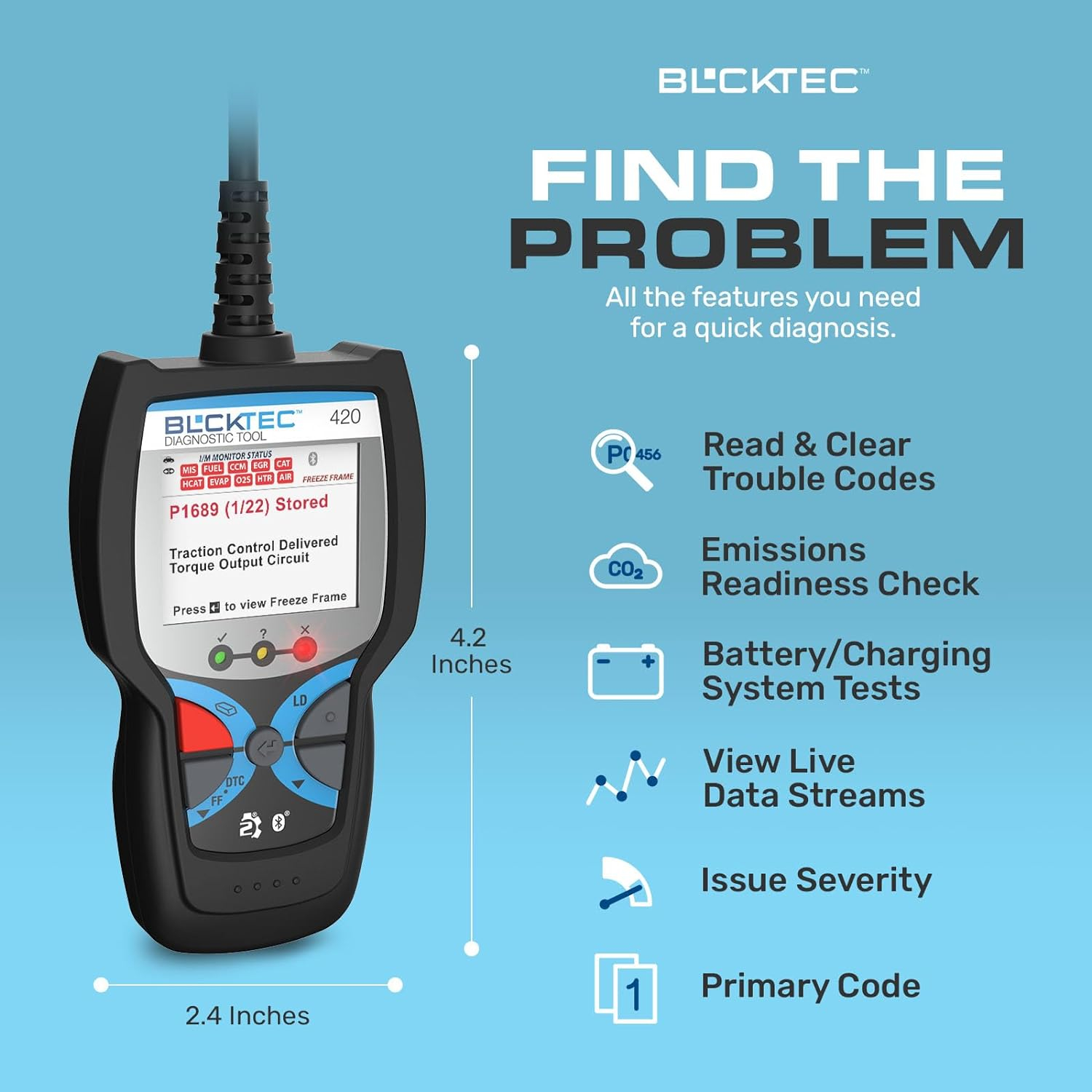 BLCKTEC 420 Bluetooth OBD2 Scanner Diagnostic Tool - Vehicle Code Reader for Car - Clears Check Engine Light - Comes with Premium OBD App On IOS & Android - Works For All Cars 1996 & Newer C47