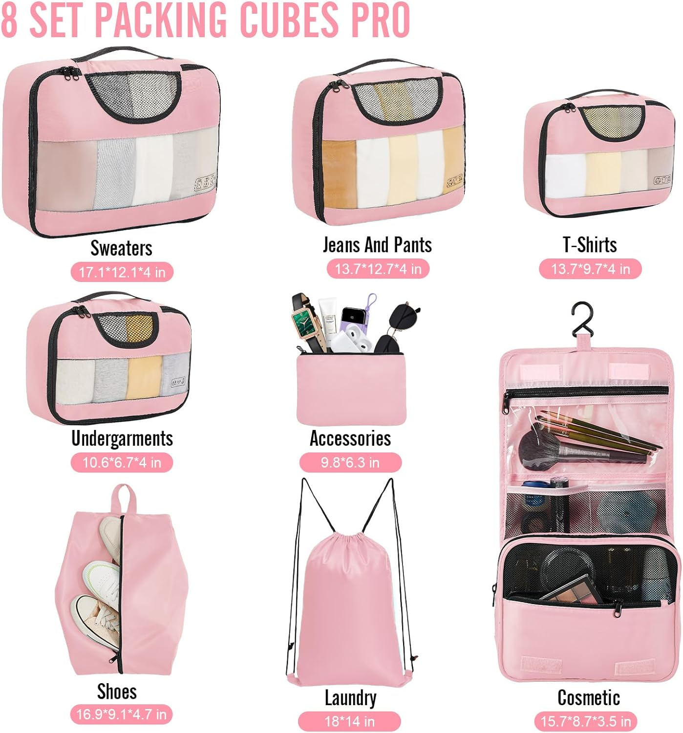Veken 8 Set Packing Cubes for Travel Essentials, Suitcase Organizer Bags Set for Luggage, Road Trip Travel Accessories in 4 Sizes (Extra Large, Large, Medium, Small), Pink