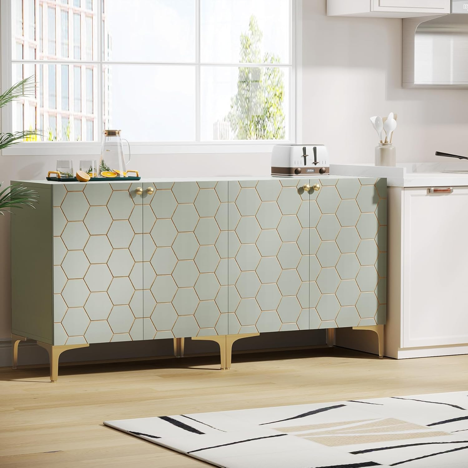 Tribesigns Sideboard Buffet Cabinet Set of 2, Modern Buffets Storage Cabinets with Adjustable Shelves, Wooden Credenza Accent Cabinet for Kitchen, Living Room, Entryway (Light Green)