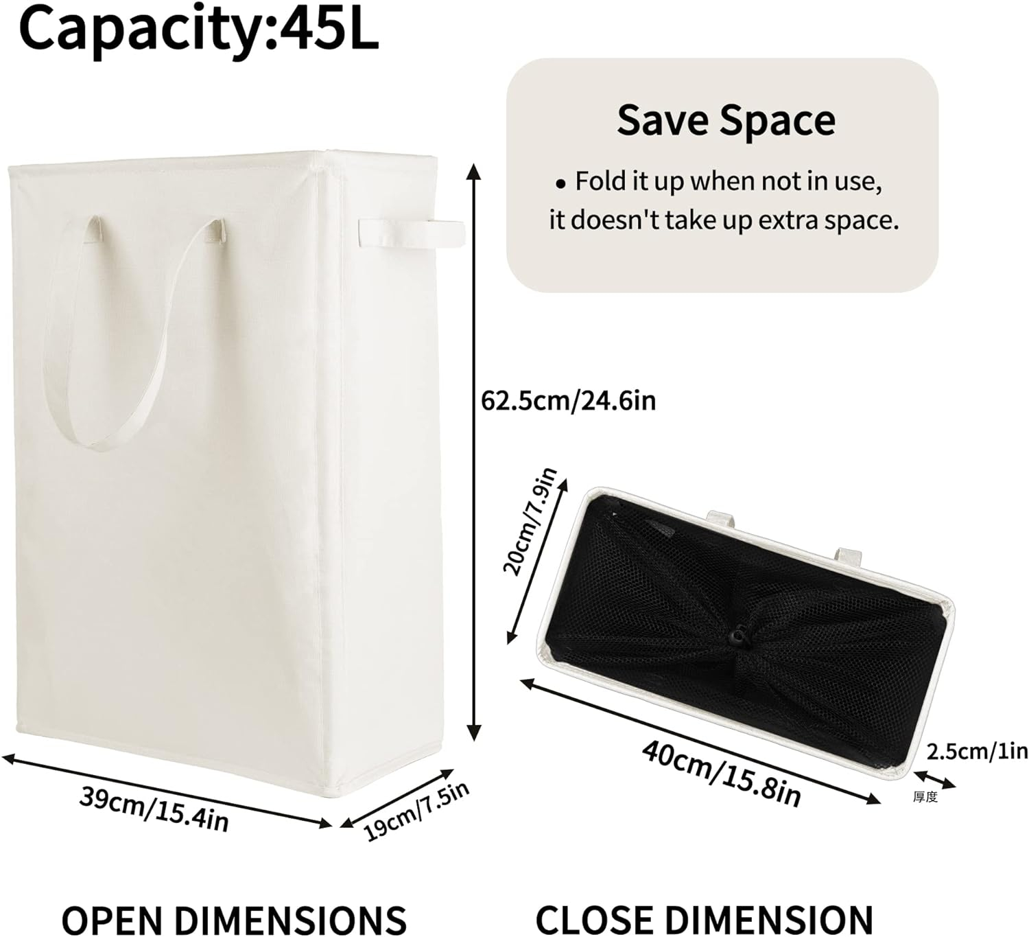 Odonata Slim Laundry Hamper Handles Collapsible Laundry Basket Thin Dirty Clothes Basket Narrow Laundry Bag Foldable Dirty Hamper 45L (Beige)