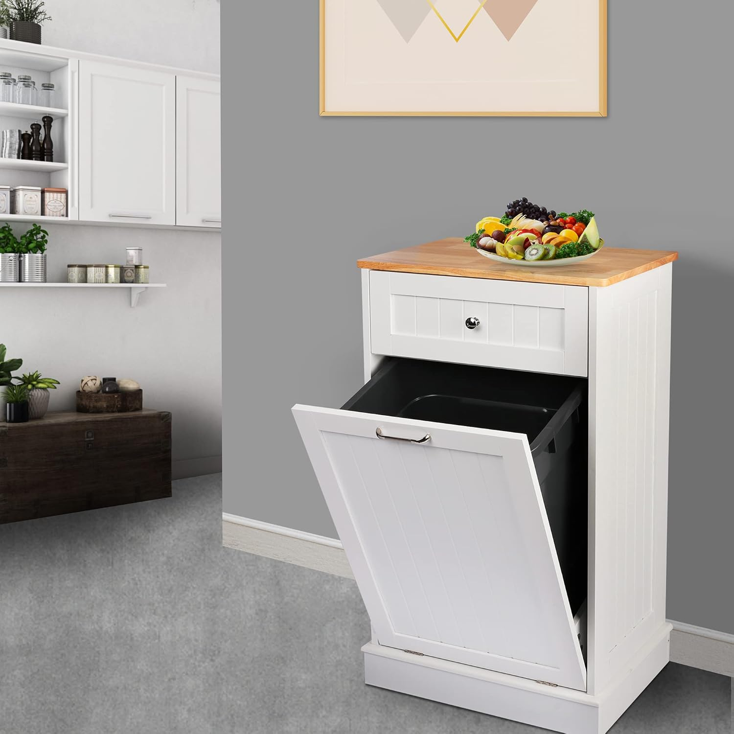 Tilt Out Trash Cabinet Free Standing 10 Gallon Recycling Trash Can Cabinet for Farmhouse Kitchen,Living Room, Dining Room, White