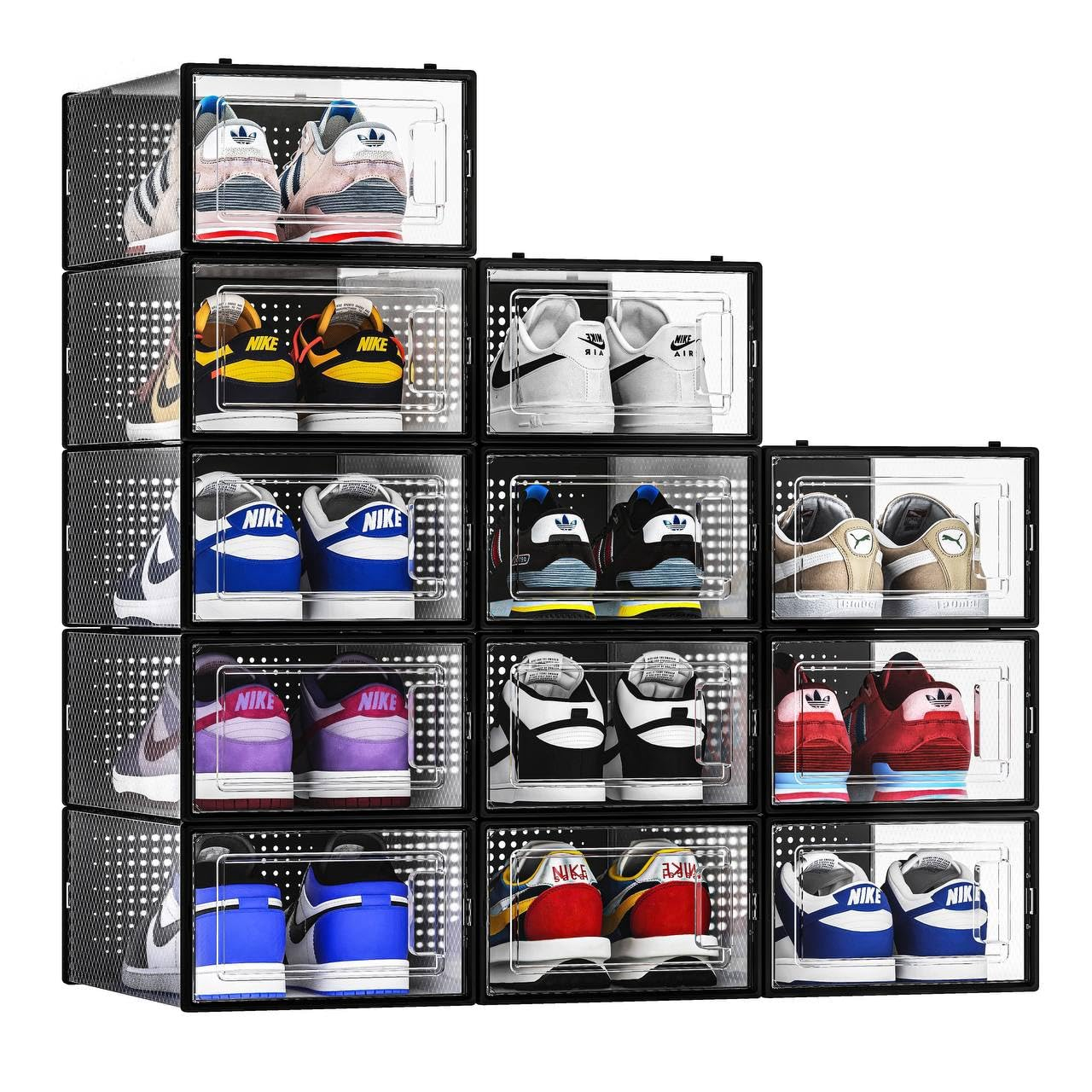 12 Pack Clear Plastic Stackable Shoe Storage Bins with Black Frame