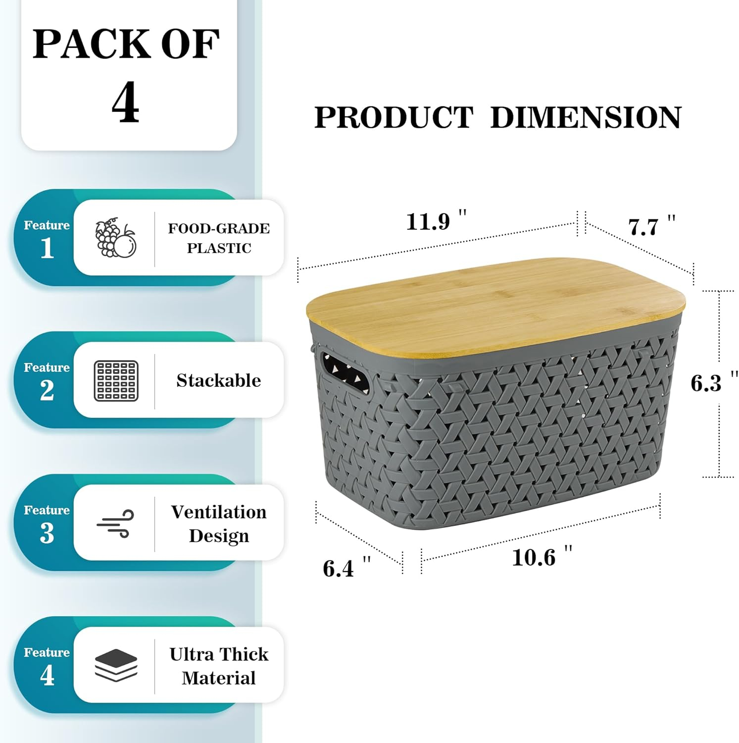 Rebrilliant Plastic Storage Bins With Bamboo Lids Set Of 4 - Pantry Organization And Storage Containers Storage Baskets - Stackable Storage Bins For Shelves Drawers Desktop Closet Playroom Classroom Office