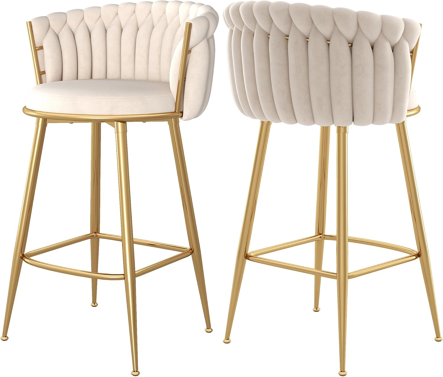 Counter Height Stools Set of 2, Velvet Bar Stools with 27 Inches Upholstered Seat Height, Handmade Woven Back Armrest, Sturdy Golden Metal Legs for Home Dining Pub Kitchen Island, Beige